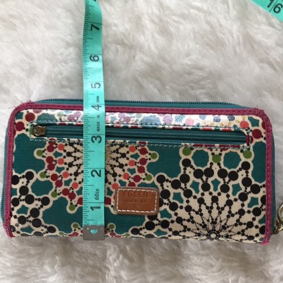 FOSSIL zip around coated canvas wallet teal pink - Picture 14 of 14